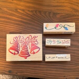 Festive Wooden Stamp Set with Bells and Holiday Lights